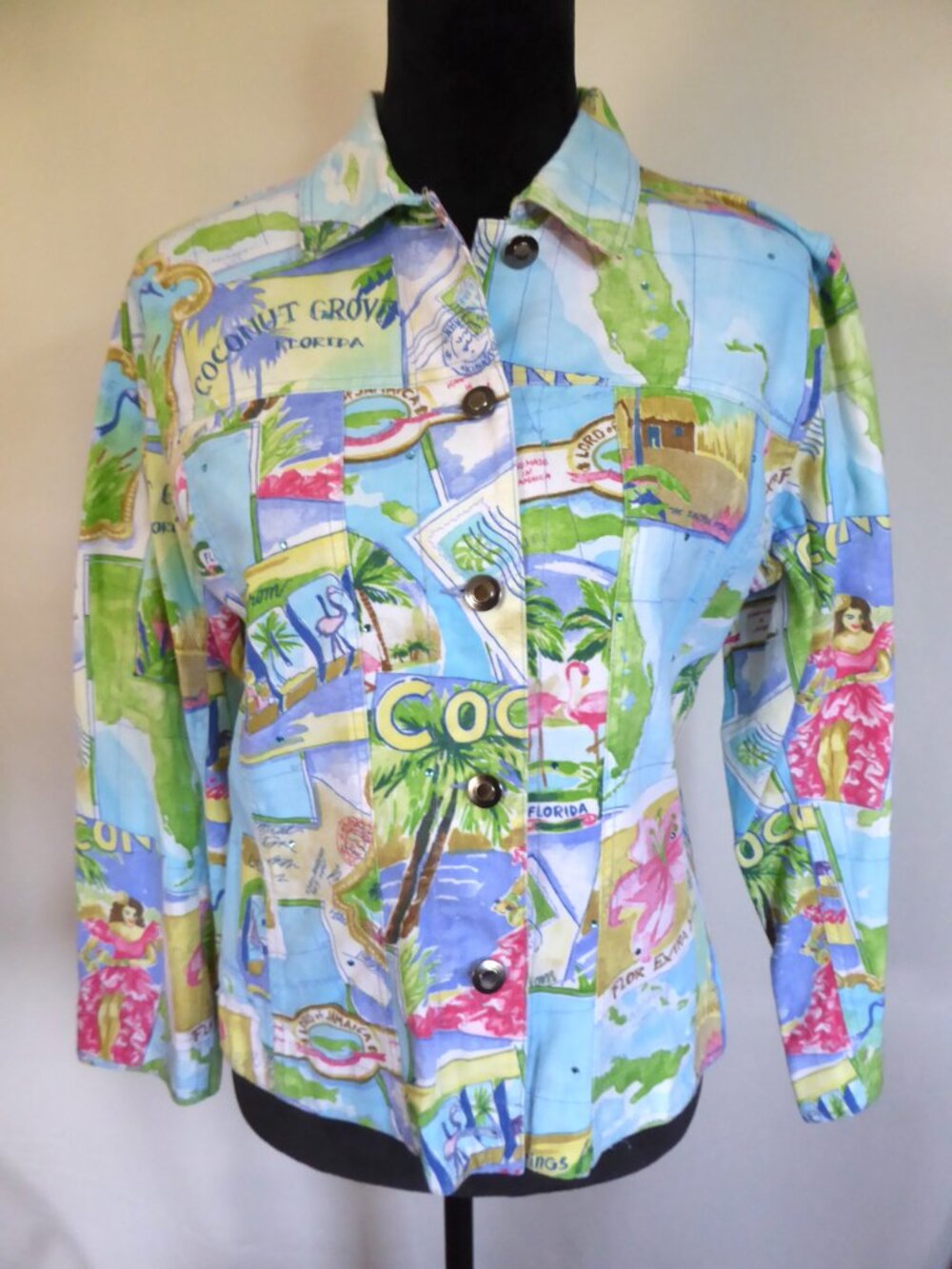 FLORIDA TROPICAL VACATION SOUVENIR LONG SLEEVE CANVAS BUTTON UP JACKET SMALL